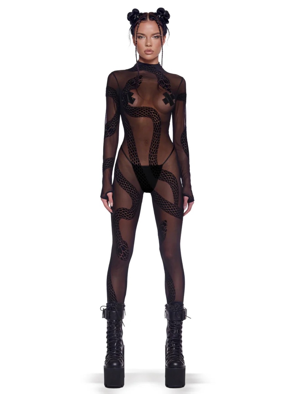 BURNING MAN - Sheer Snake-Print Long-Sleeve Bodysuit - Black
